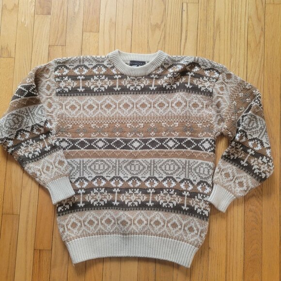 Vintage Woods & Gray XL 100% Cotton Fair Isle Sweater Beige Brown Nordic Knit Wa - Picture 1 of 4